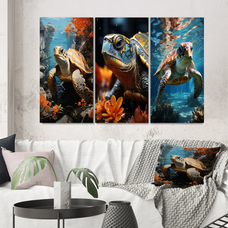 «Turtle Aquatic Wanderer Pastoral», 3 pièces sur toile, H 20 po x l 36 po, Toile tendue