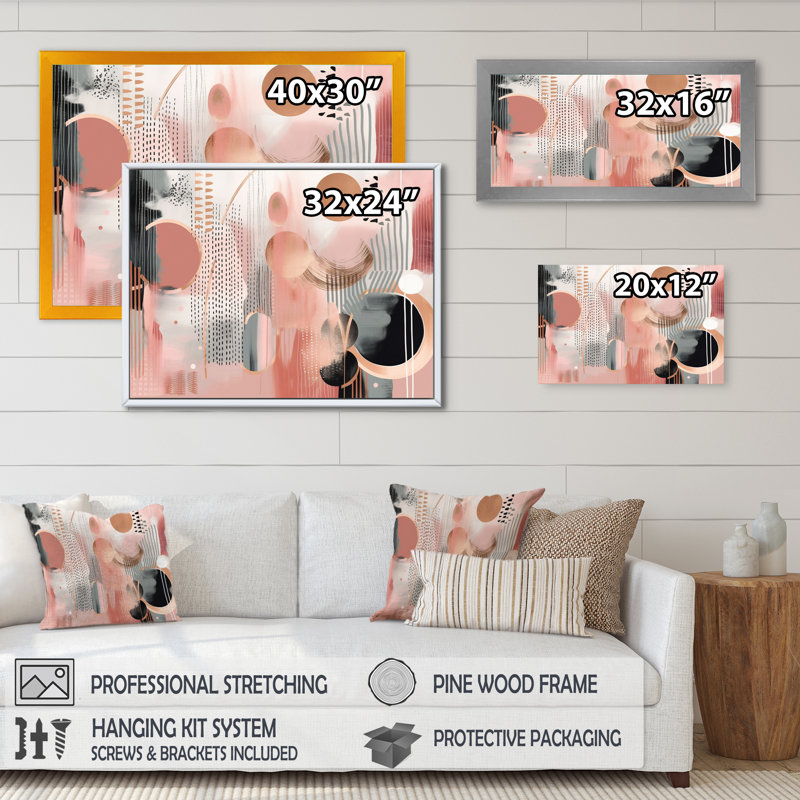 Décoration murale transitionnelle formes roses et dorées - formes modernes, Encadrement doré, L 20 po x H 12 po