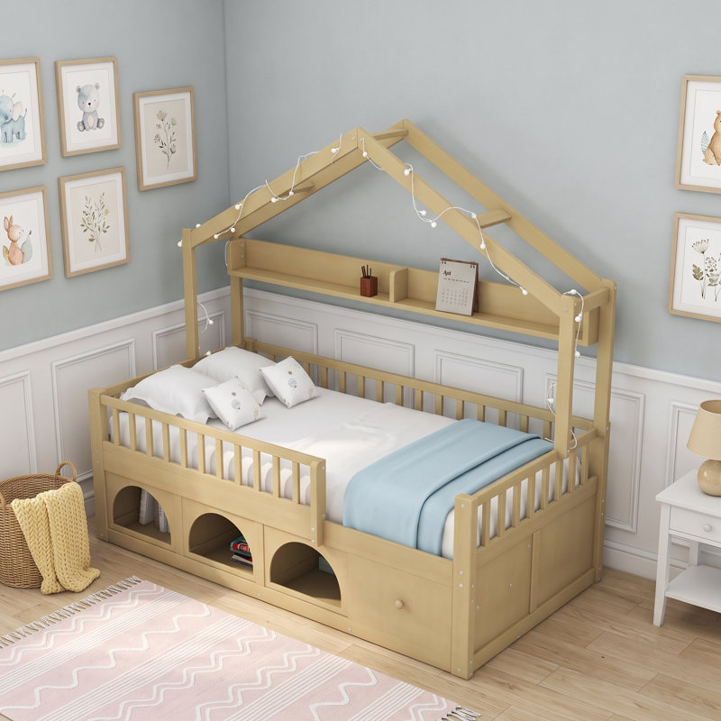 Lit plateforme simple en bois avec tiroirs et tablettes, Lit simple, Naturel