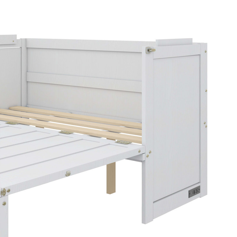Grand lit escamotable avec port USB et tiroir, Blanc, Grand lit
