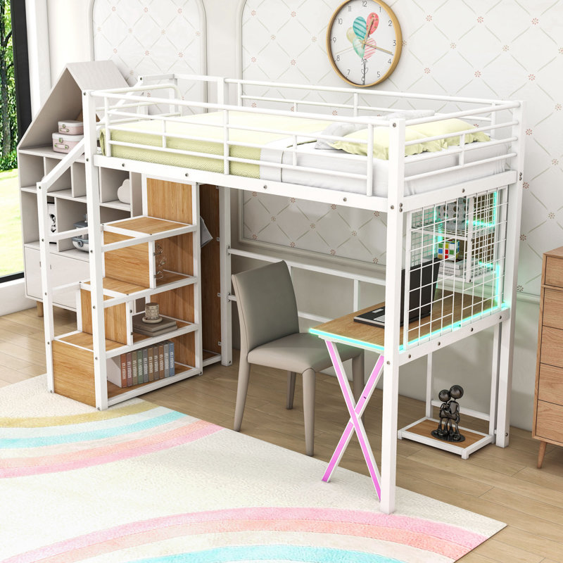 Lit mezzanine en métal avec poste de travail, garde-robe, escalier de rangement et DEL, Simple