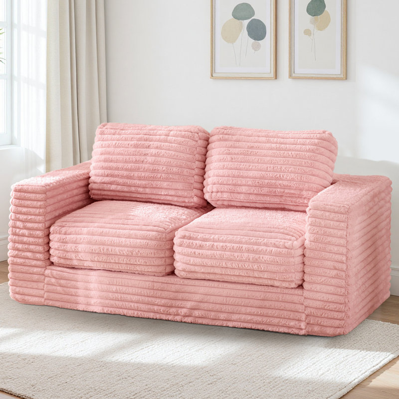 Bean Bag Sofa Upholstered 2-seater Floor Sofa With Pillows, Pink Faux Leather