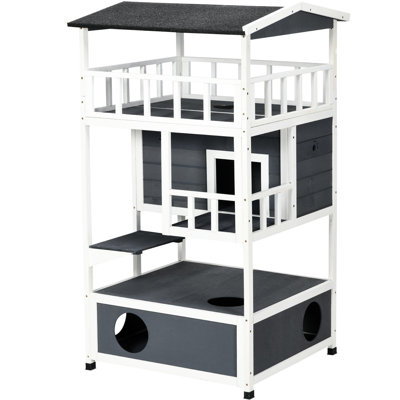 Maison pour chat en bois pour l'extérieur, grise avec toit en asphalte, portes de secours, chats à plateforme de saut jusqu'à 10 lb pour l'extérieur, toit et 10 livres