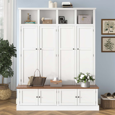 Arbre d'entrée 76,7 po Farmhouse avec banc et armoire, organisateur d'entrée 4 en 1 avec casiers ouverts et crochets pour le couloir, l'entrée, le salon