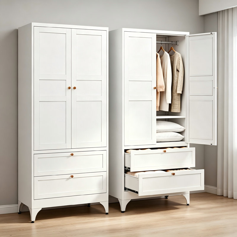 White Metal Wardrobe With Doors And Hanging Rods, Double Drawers For Storage, Suitable For Bedroom Walk-In Closets.