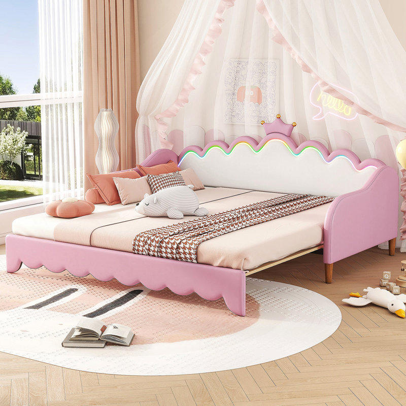 Twin Extending Daybed With LED Lights, Modern Upholstered Princess Daybed, Pink