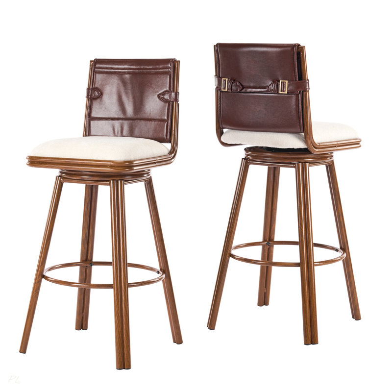 Ensemble de 2 tabourets de bar pivotants d'intérieur avec structure en métal, finition noyer et revêtement beige