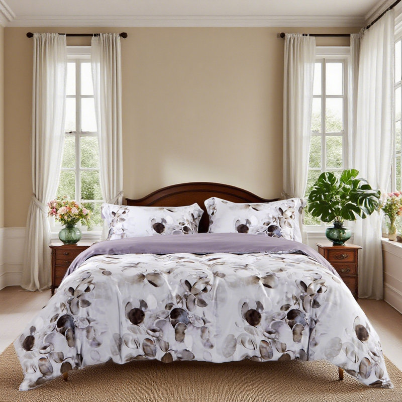 Ensemble de housse de couette à motif d'hortensias et de lotus mauve Lunaria - 100% coton à longues fibres, doux et respirant