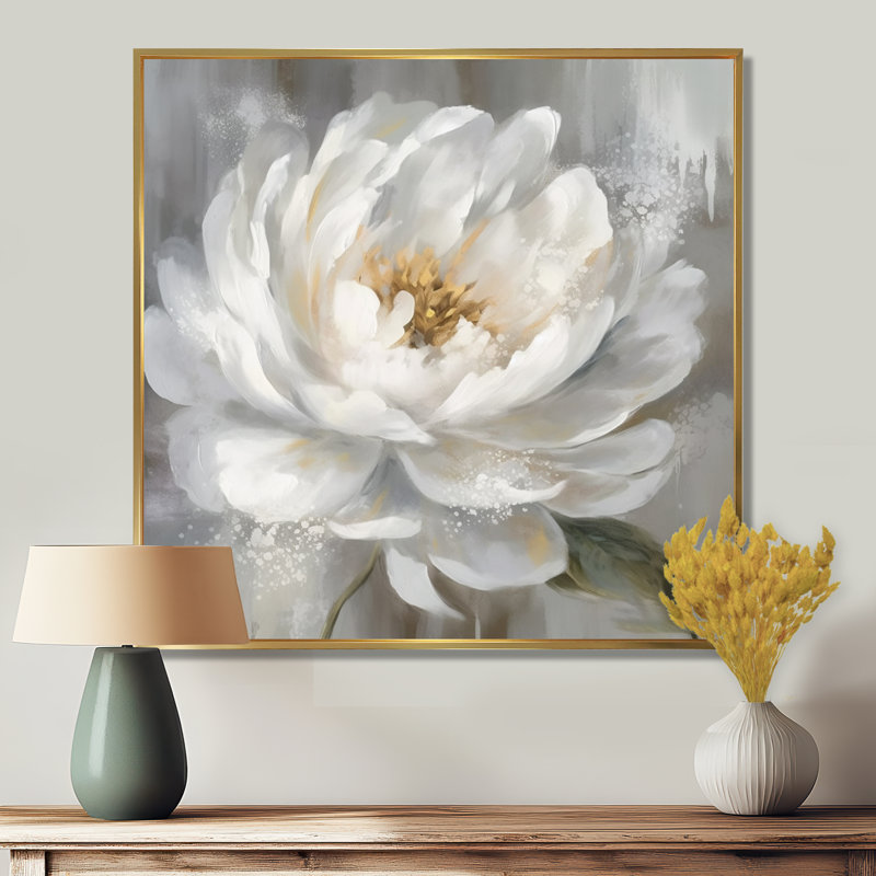 Art de pivoines blanches et grises - art sur toile de pivoines, H 30 po x l 30 po x P 1 po, Cadre flottant noir