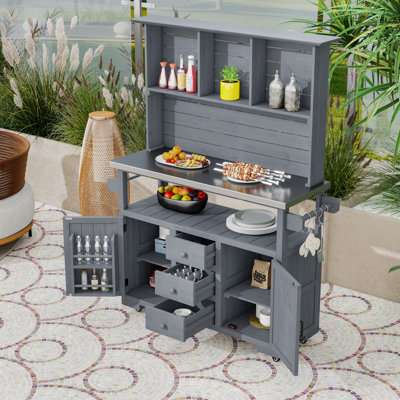 Rolling Potting Bench with Hutch & Stainless Steel Top, Outdoor Kitchen Island with Locking Wheels