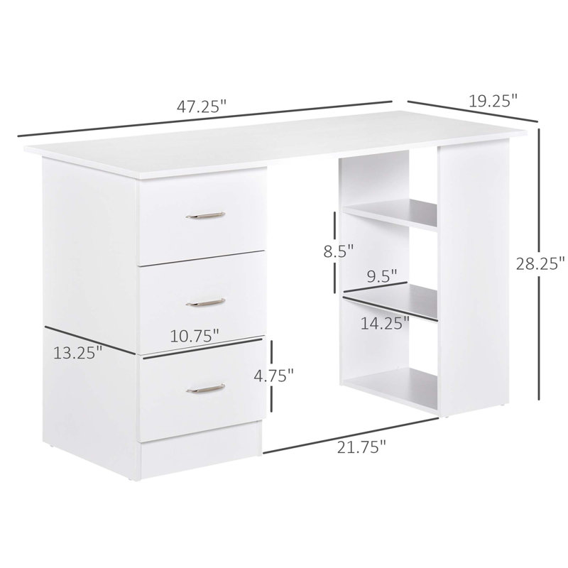 Bureau d'ordinateur moderne de 47 pouces avec 3 tiroirs, tablette de rangement et bibliothèque pour un poste de travail efficace