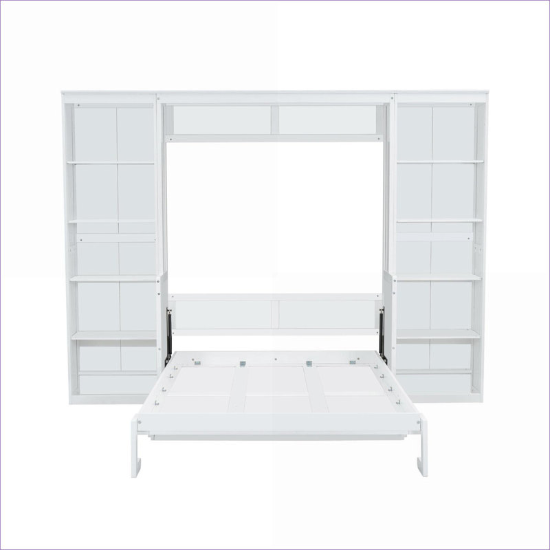 Lit escamotable pleine grandeur en bois de pin et panneau de rangement sans sommier avec bureau et amp; Bibliothèque blanche pour petites chambres d'amis