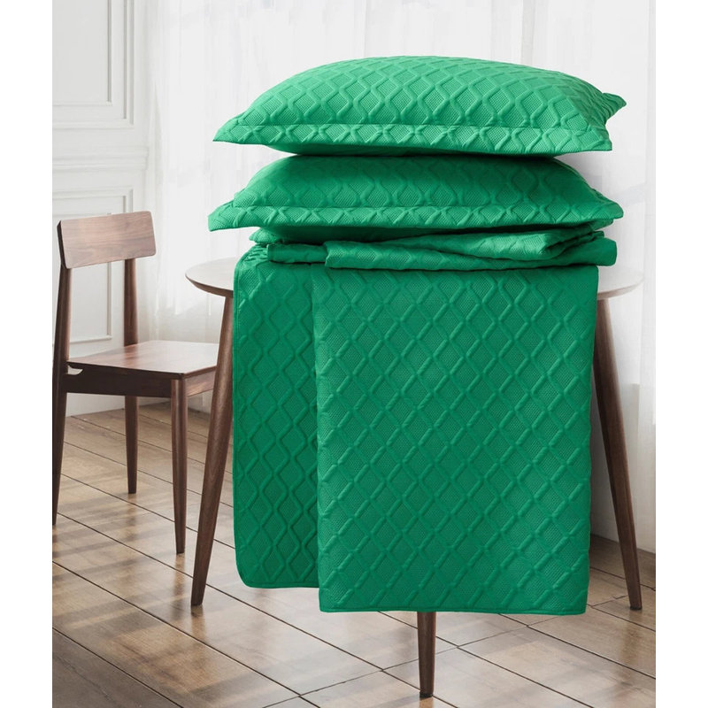 Bedspread Diamond Check Embossed Set with Pillow Shams, Textured All-Season Comfort, Single, Double, King & Super King, Green