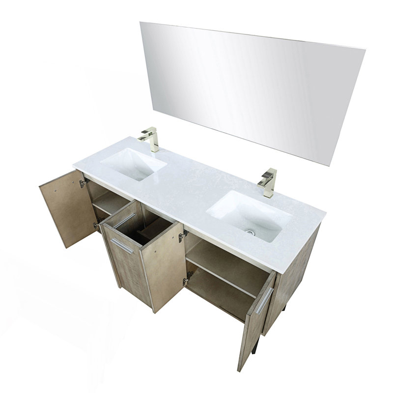 60 po X P 20 po D Ensemble de meuble-lavabo double rustique avec plateau en quartz blanc, ensemble de robinet en nickel brossé et Miroir