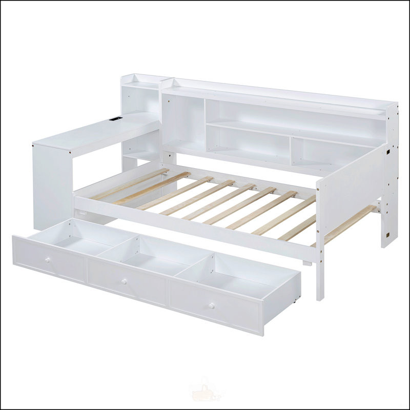 Lit de jour double en bois avec 3 tiroirs, Lit simple, Blanc