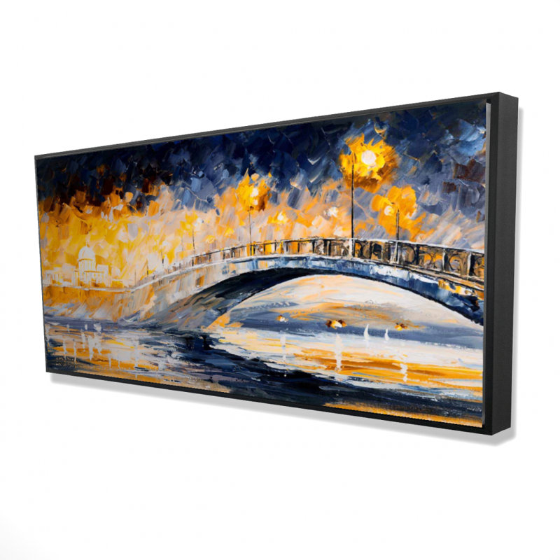 Pont au clair de lune - Art sur toile encadré romantique | Décoration intérieure, H 25,25 po x l 49,25 po