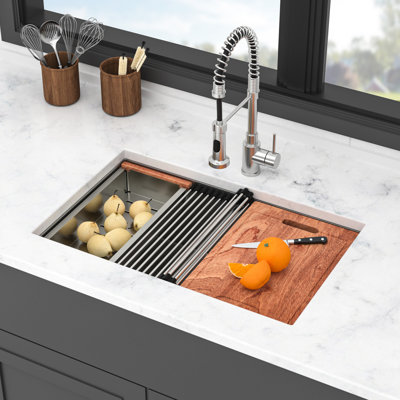 30*19*9 Inch 16 Gauge T304 Grade Stainless Steel Single Bowl Undermount Kitchen Sink, Workstation Design, Smooth Drainage, Condensation Prevention, Package With Dish Grid And Drain Assembly 30 Track