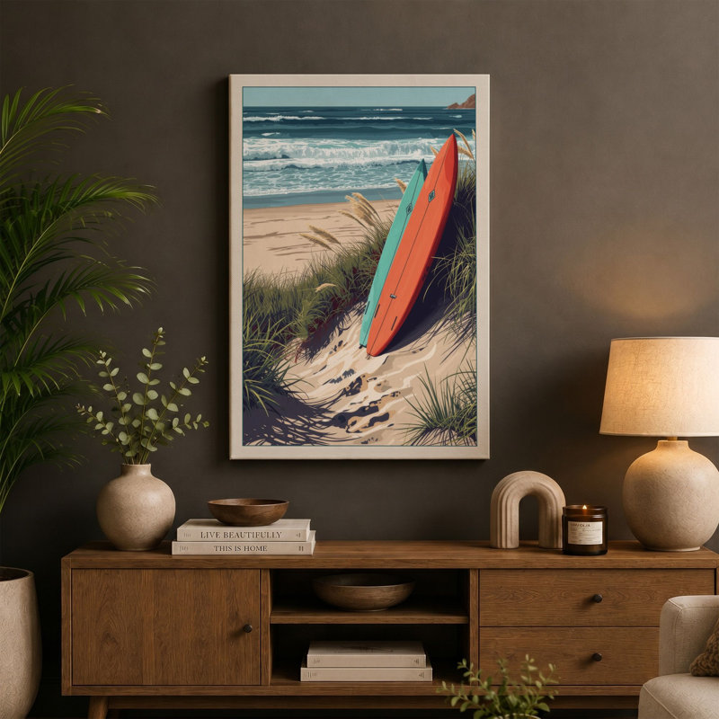 Surfboard at Dusk Coastal - Wrapped Canvas, 18x12 - 45.7 x 30.5 cm, Ochre Border