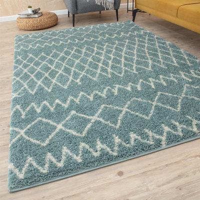 Moroccan Shaggy Collection Rugs Moroccan Design in Duck Egg Blue/Ivory