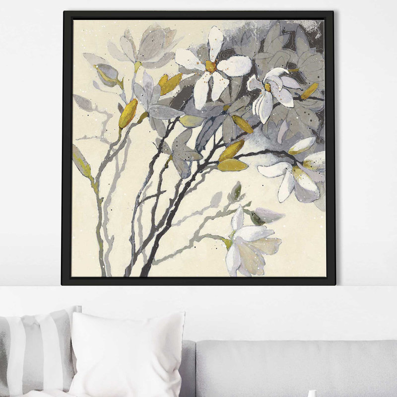 Magnolias jaune gris - peinture, Cadre flottant noir, H 31,5 po x l 31,5 po x P 2 po