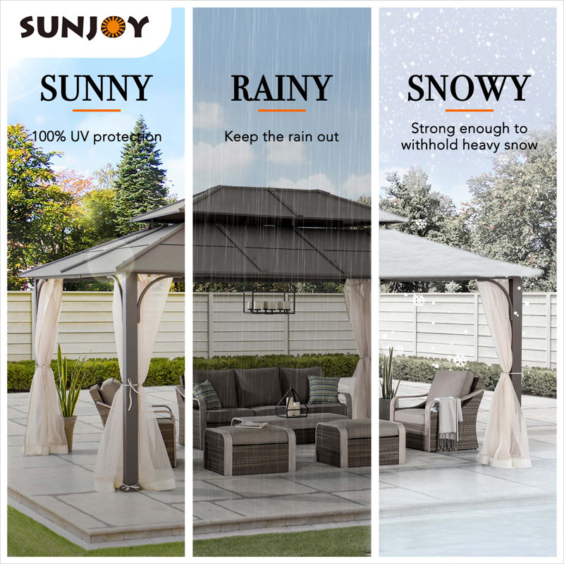 Sunjoy 12 x 16 ft. Black Steel Hardtop Gazebo with Netting