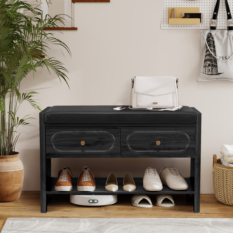4 Pair Upholstered Shoe Storage Bench, Black