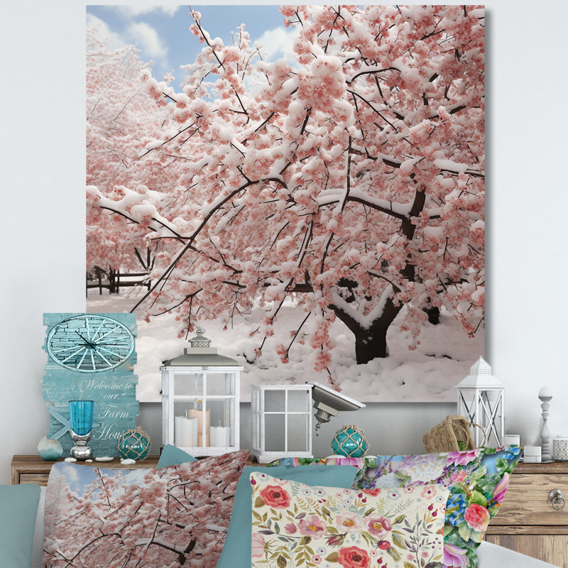 Hiver neige sur arbre de fleurs de cerisier roses - Art mural fleur de cerisier, Toile tendue, H 30 po x l 30 po x P 1,5 po