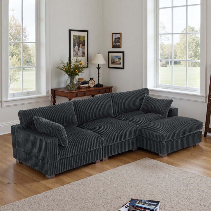 3 - Piece Upholstered Gray Faux Rabbit Fur Flannel Reversible Modular Sofa Living Room Sectional Couch with Pillows