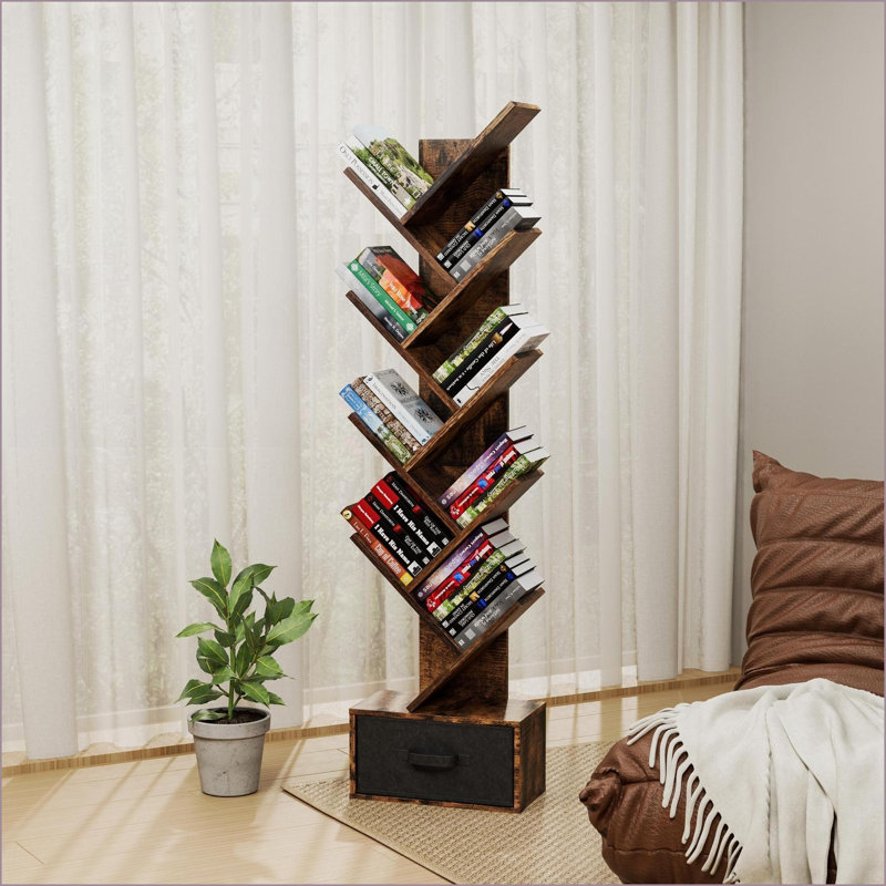 Bibliothèque, arbre à 9 niveaux avec tiroir, économie d'espace rustique, 15 x 7,7 x 55,5 pouces | Brun foncé profond | Bois d'ingénierie
