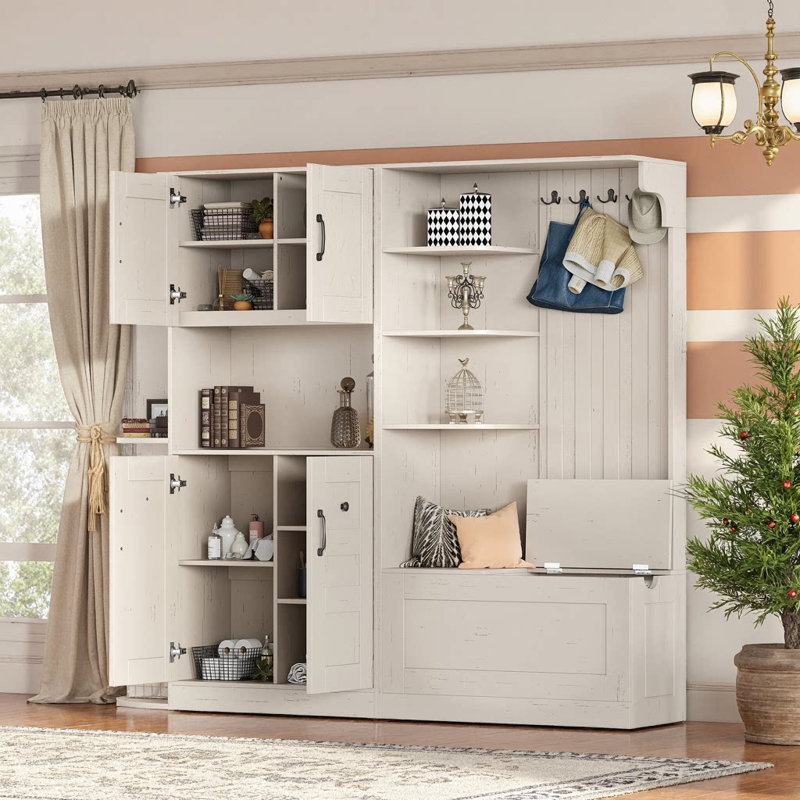 Armoire de vestibule multifonctionnelle 2-en-1 avec rangement et 4 crochets, Beige