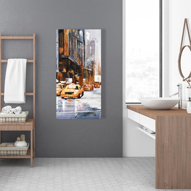 «Big City Street with Yellow Taxi», décor de toile brune