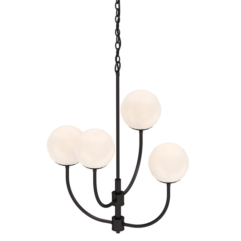  V2054-65 Lawrence 4-Light Foundry Bronze 4-Light Indoor Foundry Bronze Candle-Style Hanging Chandelier with Round/Sphere/Globe/Orb Etched White Cased Glass Shades