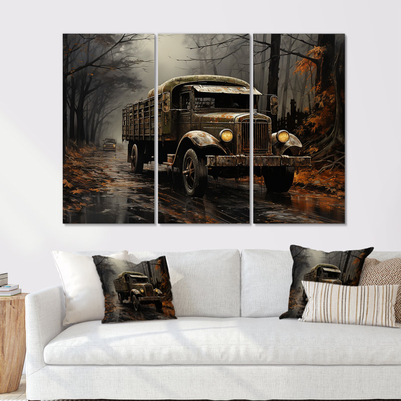 Ensemble de salon art mural brun camion des années 1930, H 32 po x l 48 po