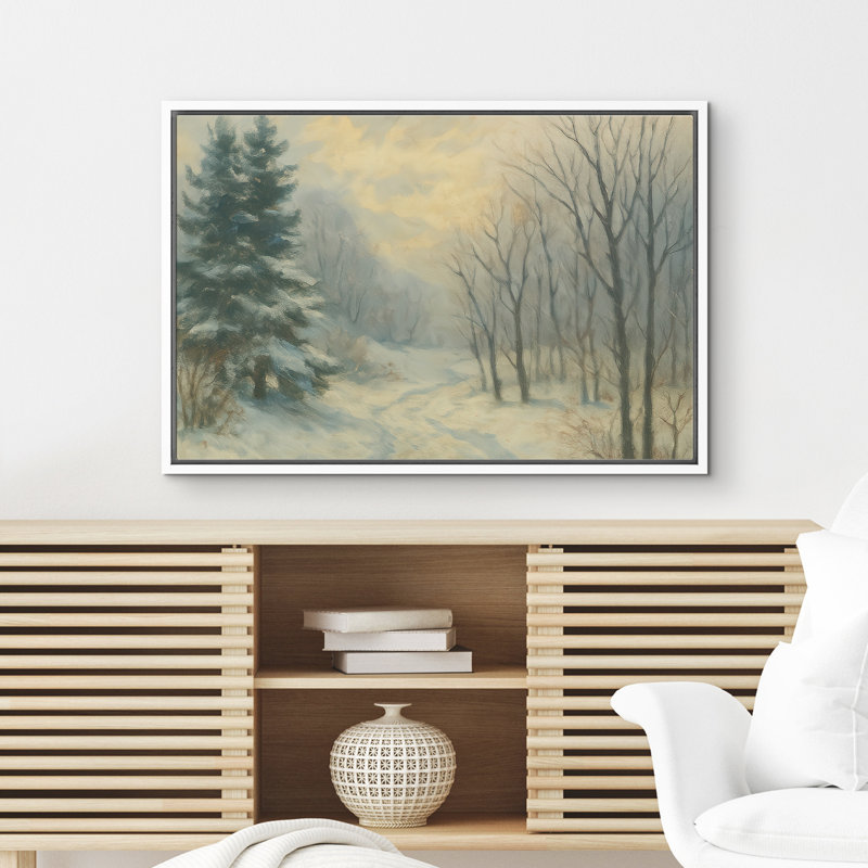 «Misty Winter Woods with Bare Trees and Evergreen», reproduction d'art sur toile encadrée dans la chambre principale, Blanc