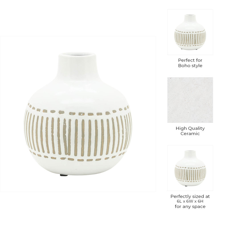 Aalyssa Vase Stoneware Ceramic Handcrafted Boho Style with Etched Linear Detailing and Rounded Silhouette for Modern Global Inspired Decor Accent Display Contemporary Shelf Mantel Styling