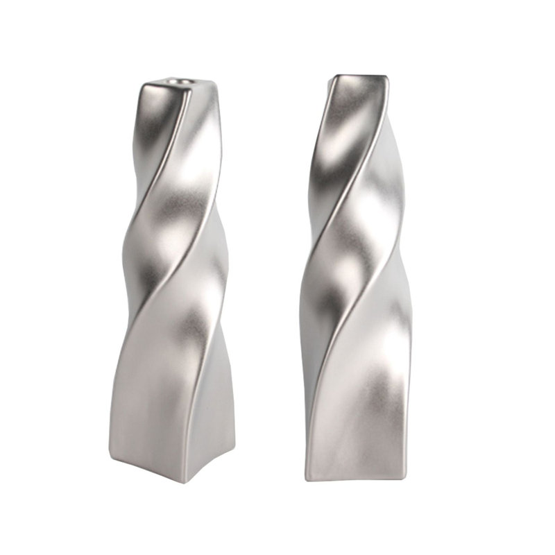 11" H  Curvy Ceramic Taper Candle Holder , Silver