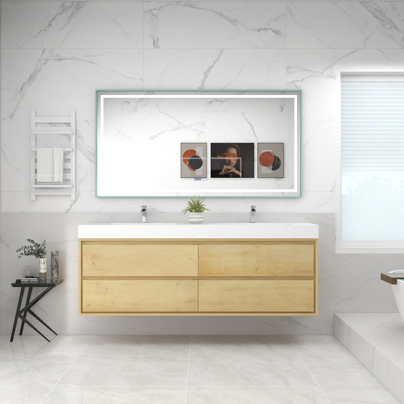 72'' Double Bathroom Vanity with Acrylic Top, Light Oak