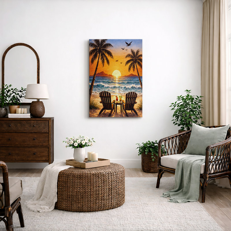 «Tropical Sunset Beach», palmier bord de mer, impression sur toile, impression sur toile encadrée, Toile tendue