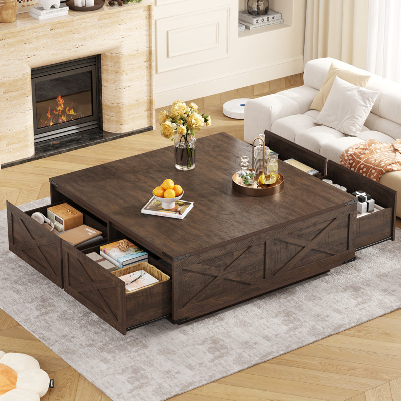43" Large Farmhouse Coffee Table With 4 Storage Drawers, Rustic Brown