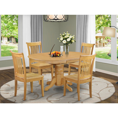 5 Piece Kitchen Table Set for 4 Includes an Oval Dining Room Table with Butterfly Leaf and 4 Linen Fabric Upholstered Chairs, 42x60 Inch, Oak