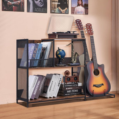 Support de tourne-disque en vinyle à 3 niveaux avec support de guitare intégré, armoire de rangement pour tourne-disque pouvant contenir plus de 300 albums, cadre en maille métallique pour le salon et la chambre à coucher