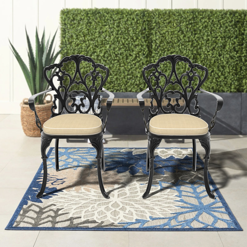 Fauteuil de patio en fonte d'aluminium 2 pièces, structure noire avec coussins, rembourrage peu encombrant, conception spacieuse