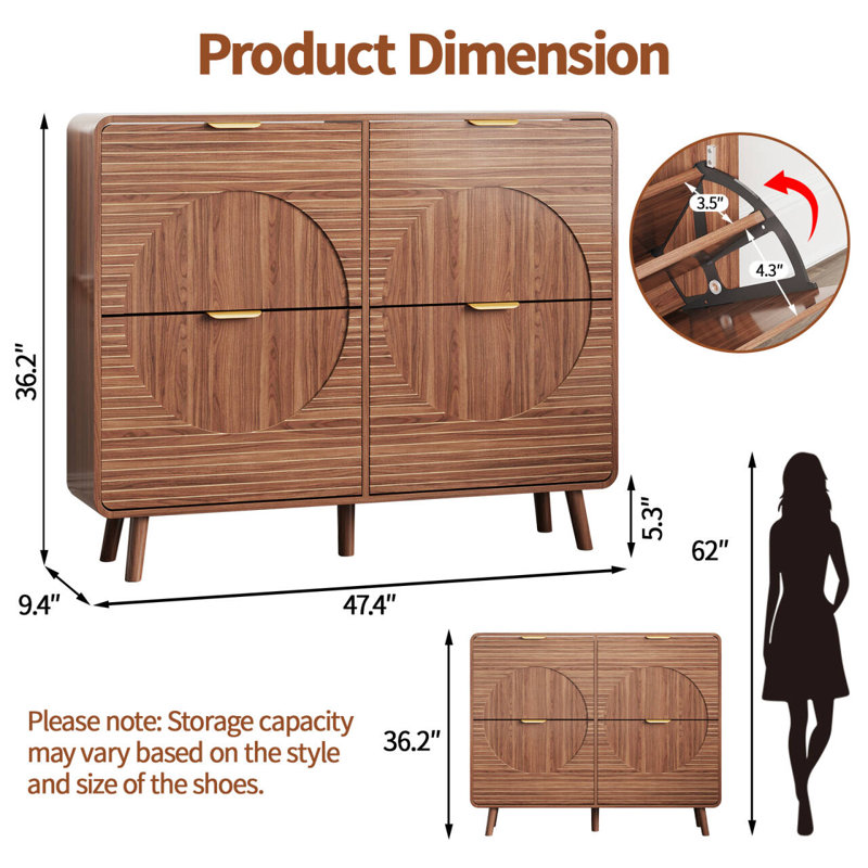 Wood Double-layer Drawer Shoe Cabinet, Enclosed Shoe Storage Unit with Fluted Drawers, 4 Legs and Anti-tipping Device, Suitable for Entryway, Hallway, Living Room
