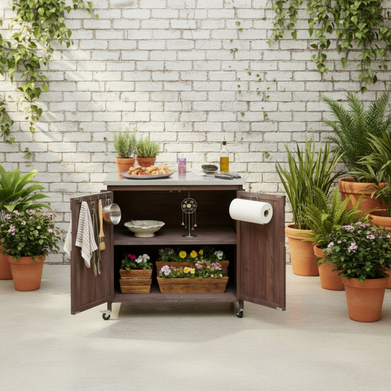 Îlot de cuisine brun foncé, comptoir en acier inoxydable, armoires de rangement, grands tiroirs, tablettes réglables, surface de travail mobile à quatre roues.