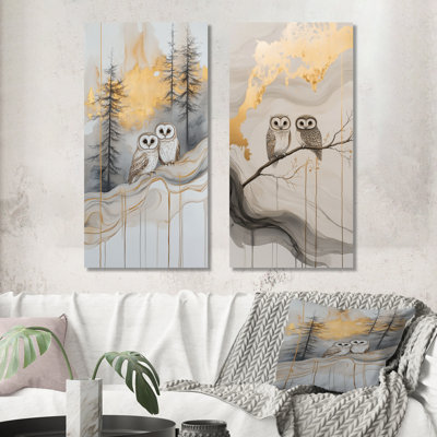 Hiboux dans une forêt dorée - Décoration murale en deux parties avec des hiboux pour le salon