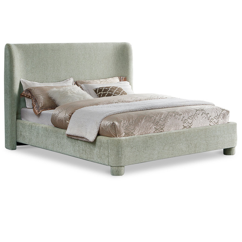 Lit à panneau tapissier Hridhaan, Double, Tissu chenille vert olive