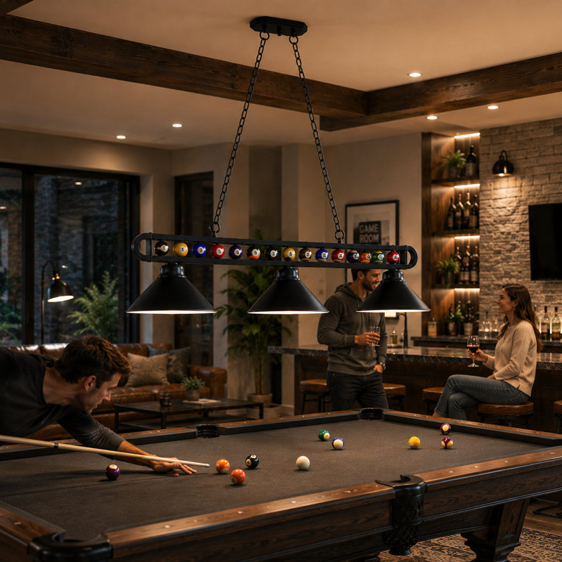 Brough 3 - Pool Table Billiard Ball Linear Pendant By RAM Game Room, Matte Black/Matte Black