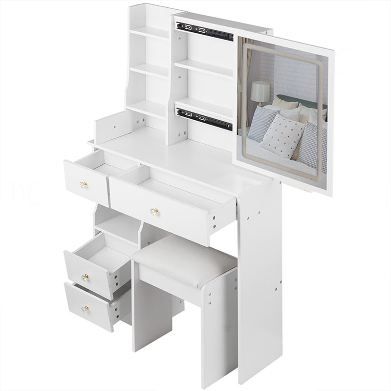 Petit meuble-lavabo de 29,2 po avec tabouret de bureau et tabouret rembourré à gauche 29,5 po, grande commande tactile, interrupteur tricolore, miroir à luminosité réglable, rangement à grande capacité, convient aux petits espaces