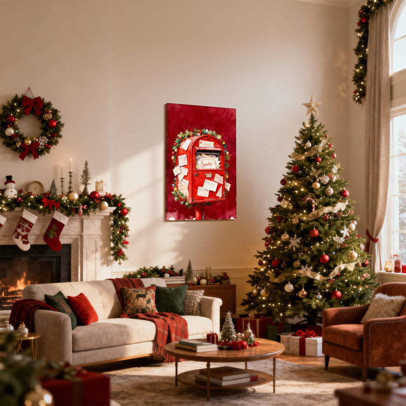 Boîte aux lettres rouge de Noël avec couronne de Noël et lettres, ensemble de 3 impressions sur toile, H 24 po x l 16 po