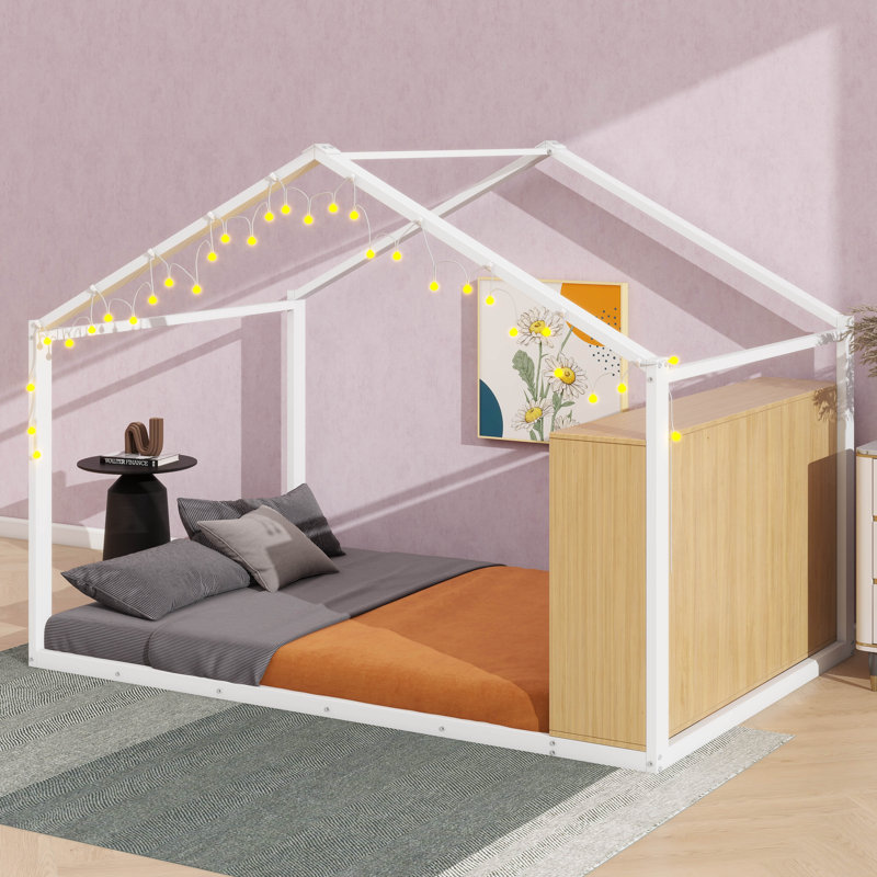Éclairage intégré en métal en forme de structure de lit, Lit double , Blanc